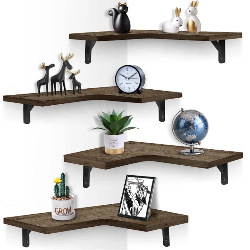 Rustic Durable Storage Space Saving Bookshelf Living Room Shelf Wall Mounted Set of 4 Corner Floating Shelves