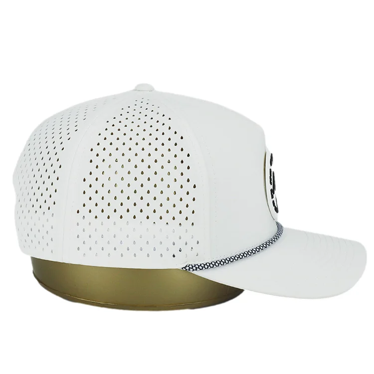 High Quality Custom 5 Panel Rubber Pvc Logo Rope Baseball Cap Waterproof Laser Cut Hole Perforated Performance golf Hat