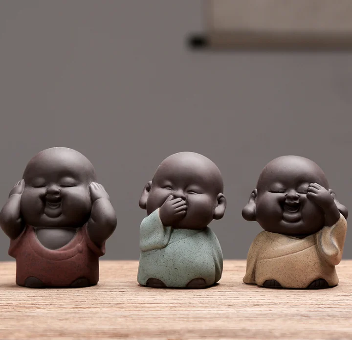 Three Cute handmade ceramic baby little  buddha head statue mold monk for home decor
