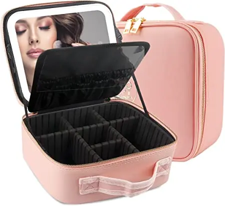 Makeup Travel Train Case with Mirror LED Light 3 Adjustable Brightness Cosmetic Bag Portable Storage Adjustable Partition