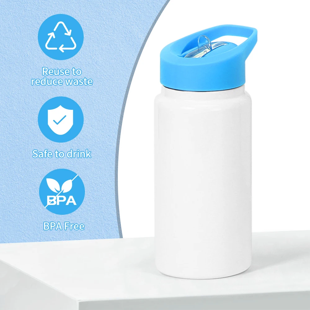 New 14OZ Kid Sippy Lid Straw Sublimation Blank Stainless Steel Water Bottle Vacuum Flask with Colorful Handle Lid