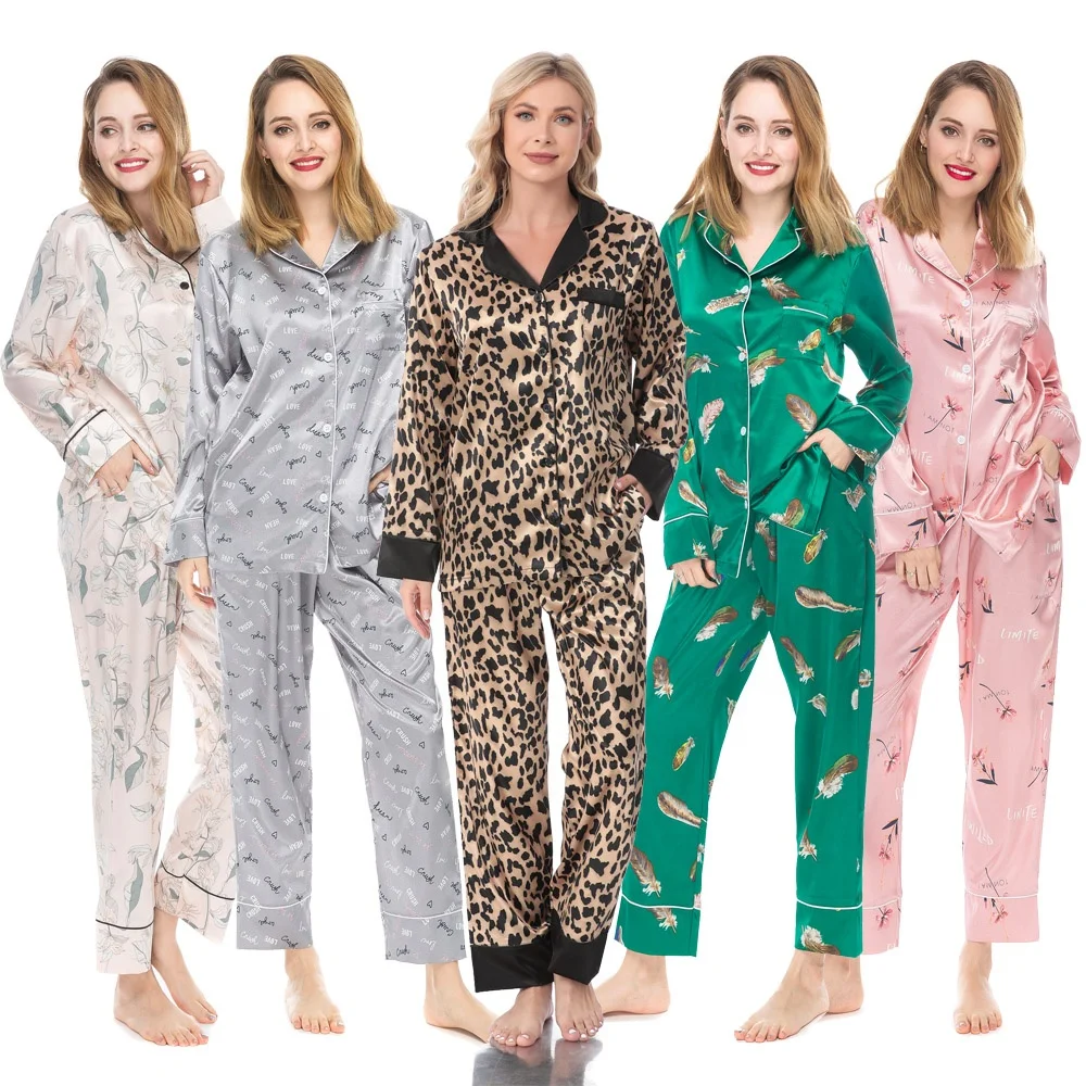 Custom Digital Printed Woman Pyjamas Suit Long Sleeve and Pants Floral Pijamas Silk Satin Women Pajamas Set