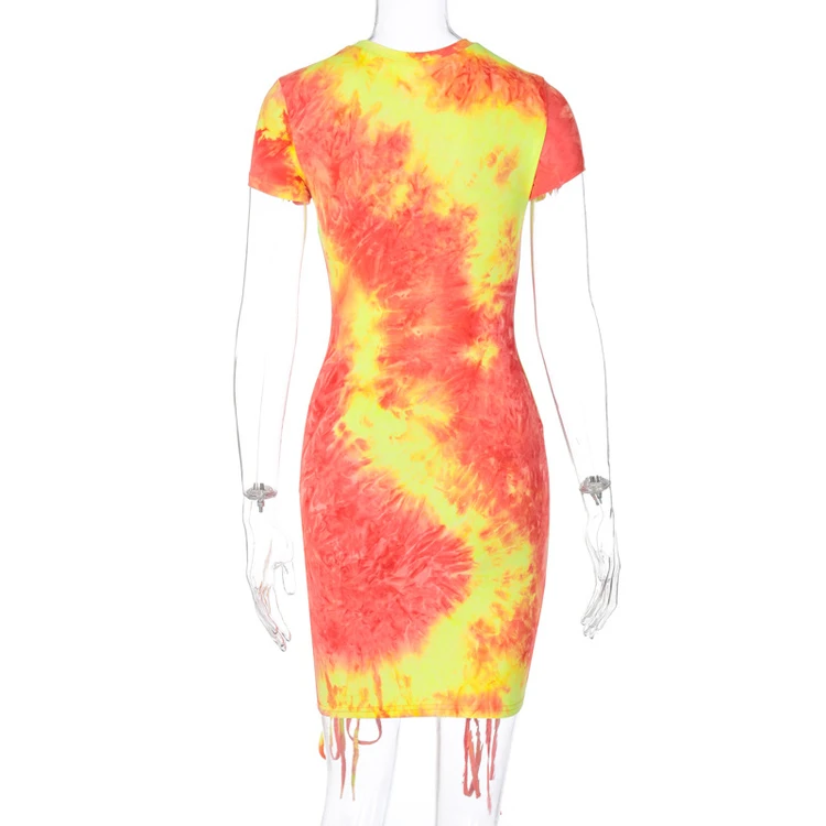Wholesale 2022 spring and summer fashion street women slim short-sleeved skirt hot selling tie-dye draw string cheap dress
