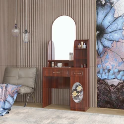 hot sale glass top vanity table simple design drawer storage dressing table brown makeup table set with mirror