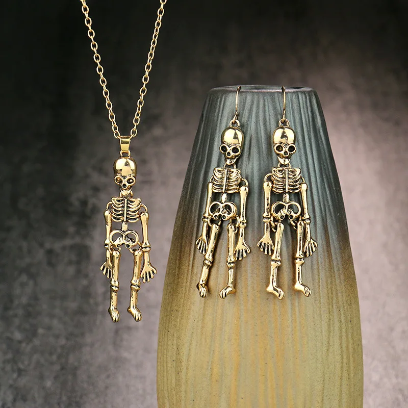 Dark Retro Style Halloween Jewelry Sets For Women Girls Vintage Hip Hop Metal Alloy Skull Skeleton Ghost Necklace Earring Set