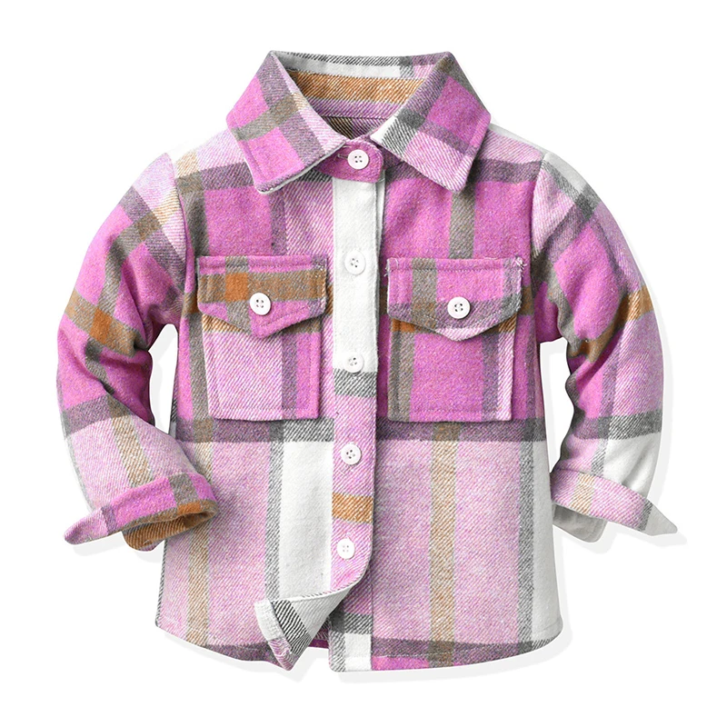Wholesale long sleeve pink plaid flannel shirt winter coats for girls cute fleece boutique little girls clothing
