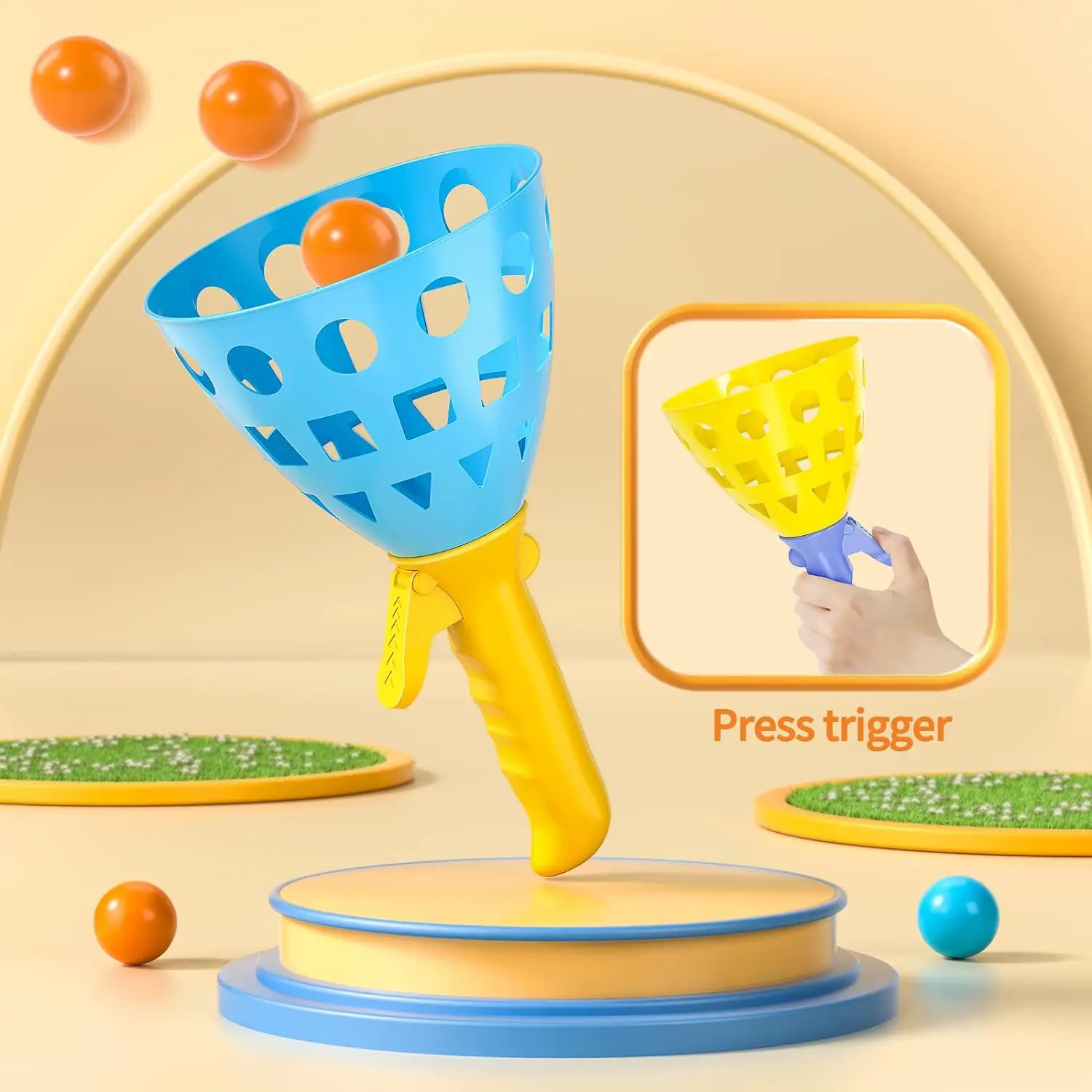 TEMI Pop Pass Catch Ball Game with 4 Catch Launcher Baskets and 20 Balls, Beach Toys Backyard Outdoor Indoor Balance training