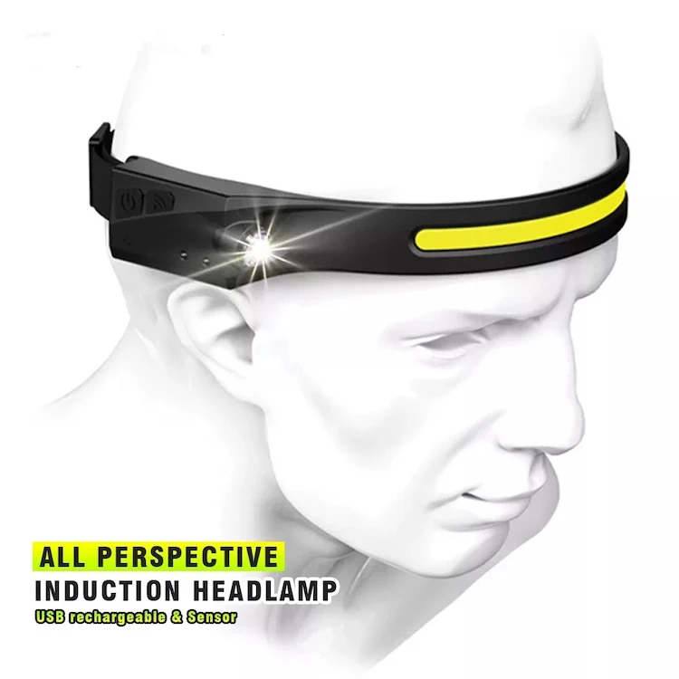 USB Rechargeable Wide Beam Headlight Motion Sensor Head Lamp Adjustable Headband Waterproof Head Torch Light for Camping