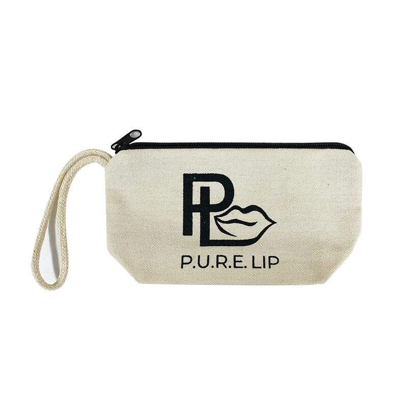 Accept Customized Logo Natural Cotton Canvas Jewelry Pouches with Black Zip Wristlet Cosmetics Bags