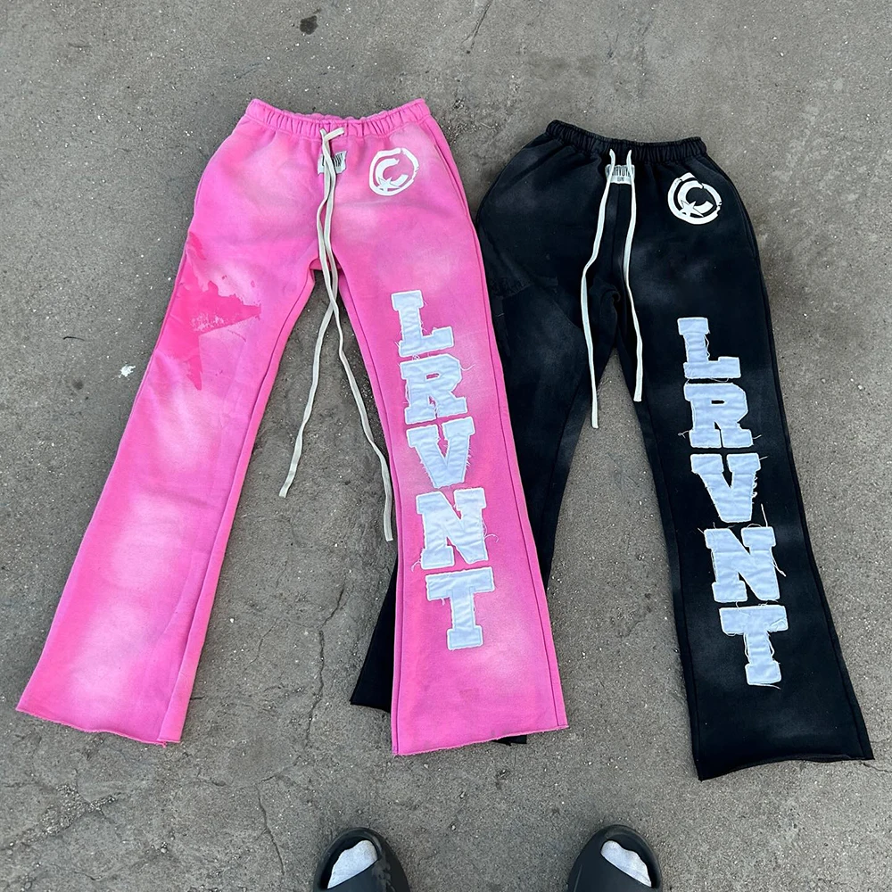 Wholesale manufacturer stacked track flared sweatpants jogger custom mens distressed embroidered flare sweat pants men