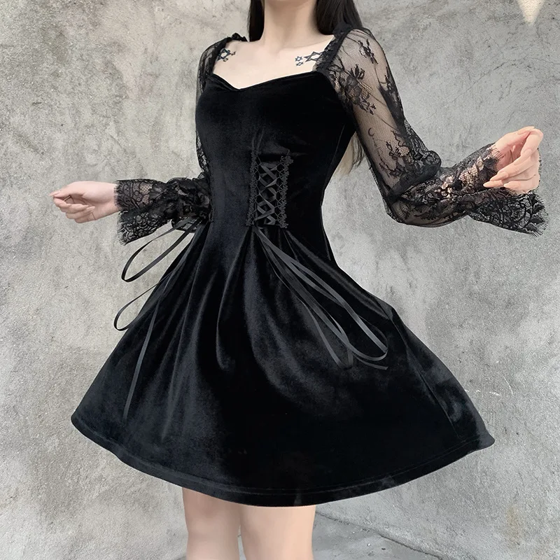 Black Gothic Style Clothing Patchwork Lace Long Sleeve Lolita Dress Square Neck Lace Up Dress Velvet Dresses Women