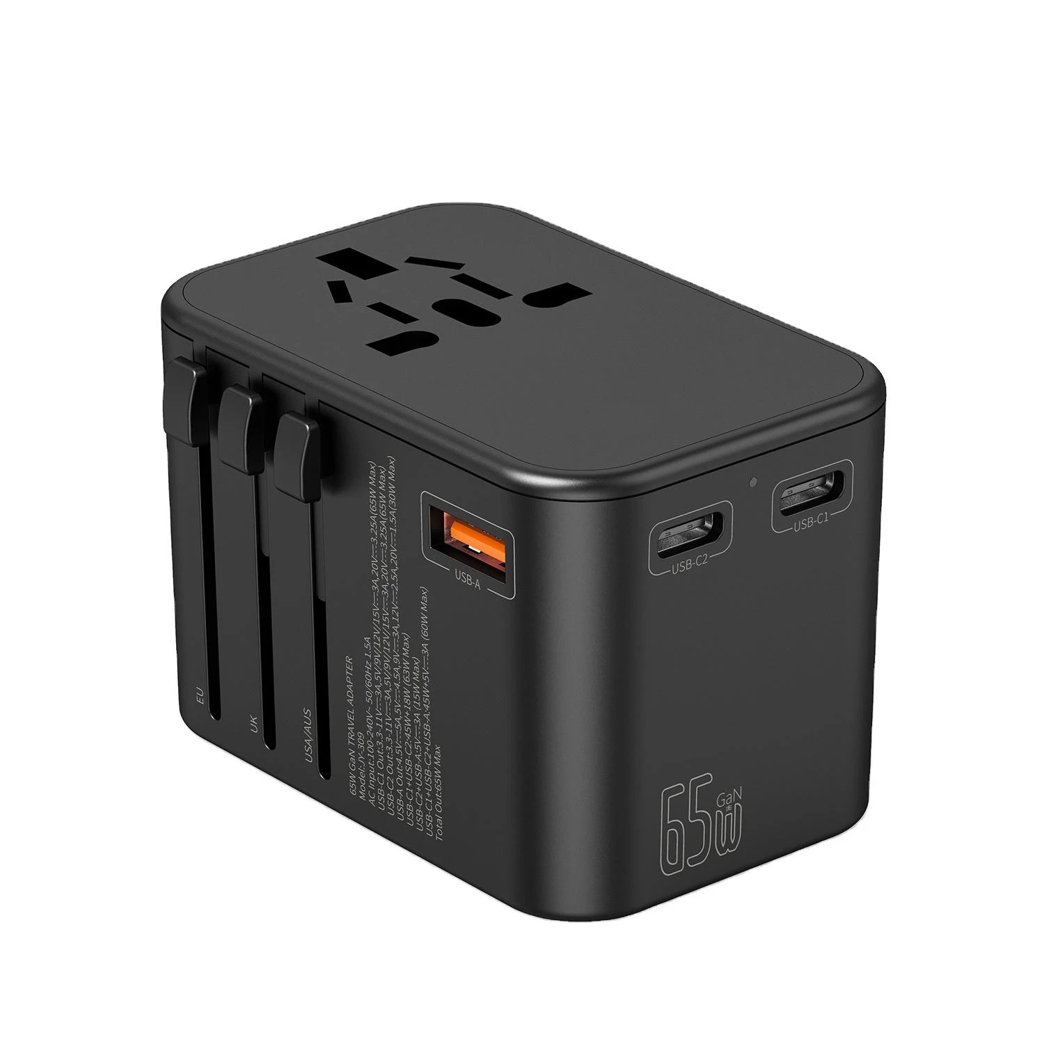 top selling products 2023 65w Gan multi nation universal world travel adapter with dual USB C and USB-A QC for Laptops Tablets