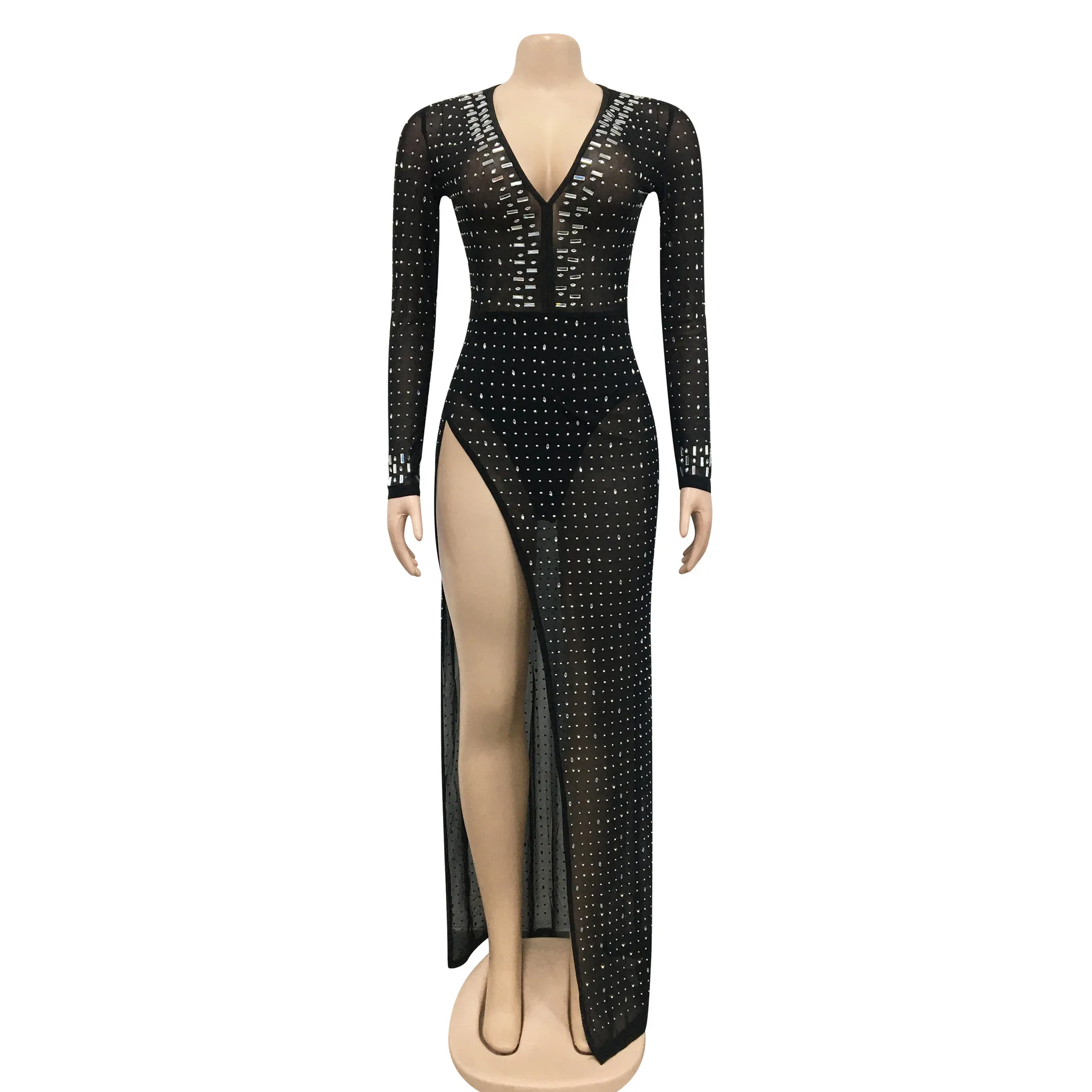 H9531 - High Quality trending new fashion long sleeve rhinestones women split dress club wear
