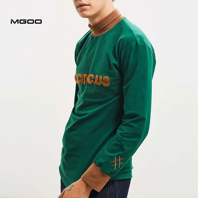 Contrast Turtle Neck Mens Combed Cotton Green Color Custom Chenille Patched Long Sleeve T Shirt