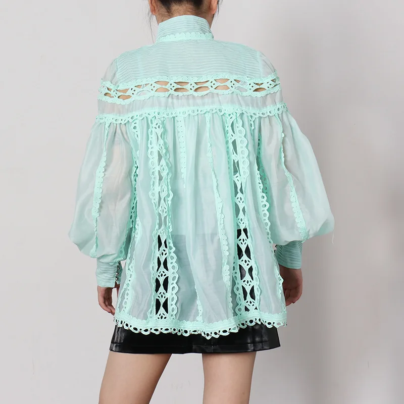 Fashion Women Clothing Balloon Sleeve Hollow Out Nail Bead Lace Blouse Elegant Top Stand Woven Longsleeve Summer Blouse Green