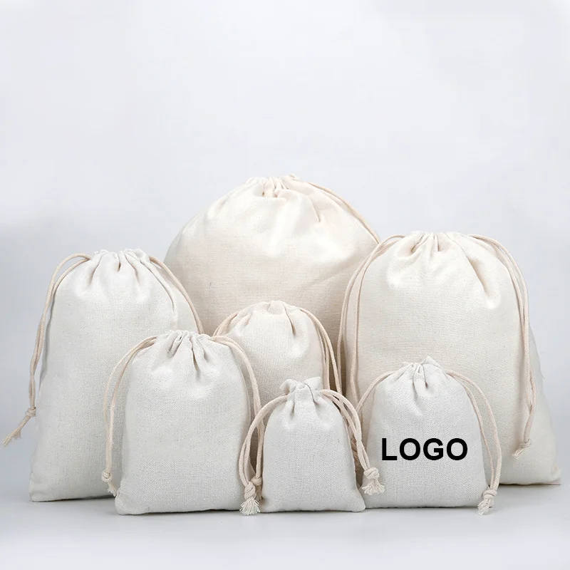 Durable Custom Logo Printed Organic Cotton Canvas Drawstring Bag Jewelry Pouch
