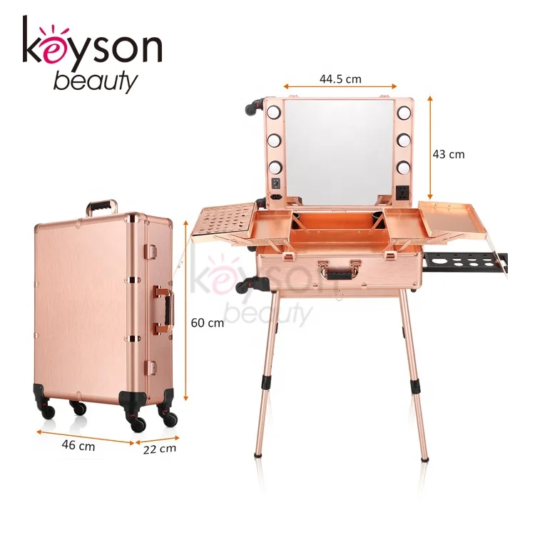 Оптовая продажа от фабрики KEYSON, портативный косметический кейс для косметики с колесами для макияжа со светодиодными зеркальными динамиками для визажистов