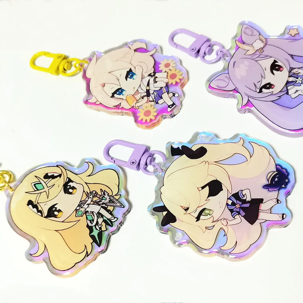 Custom high quality iridescent acrylic keychain mirrored charms with epoxy rainbow hologram