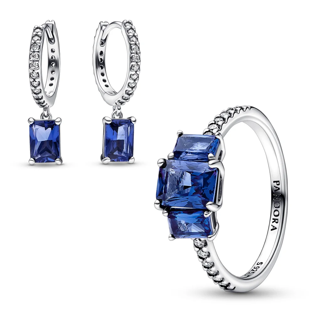 Bright Wedding Jewelry Set Blue Topaz Emerald Cut 925 Sterling Timeless Blue Rectangular Sparkling Hoop Earring For Women