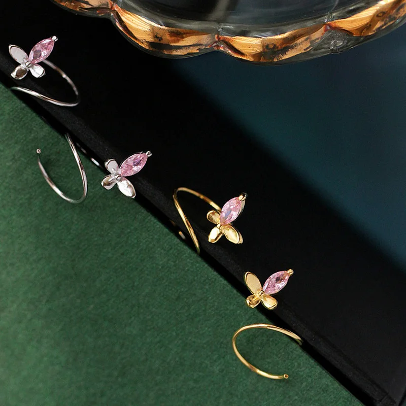 Hot selling sweet ladies jewelry spiral 925 sterling silver hoop pink zircon butterfly earrings