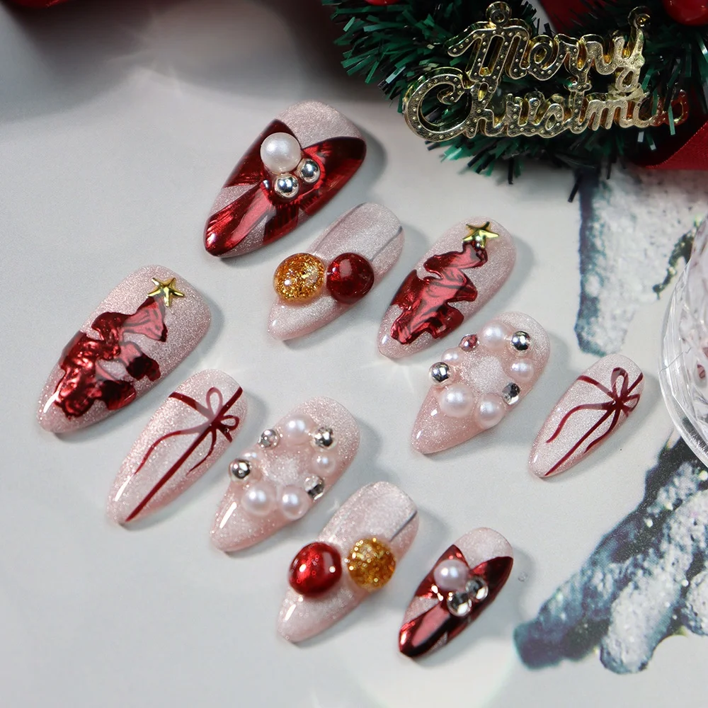 New Arrival Almond Hand-painted Christmas Pearls Nail Crystal Handmade Nail Art 3D Luxury Press on Nails
