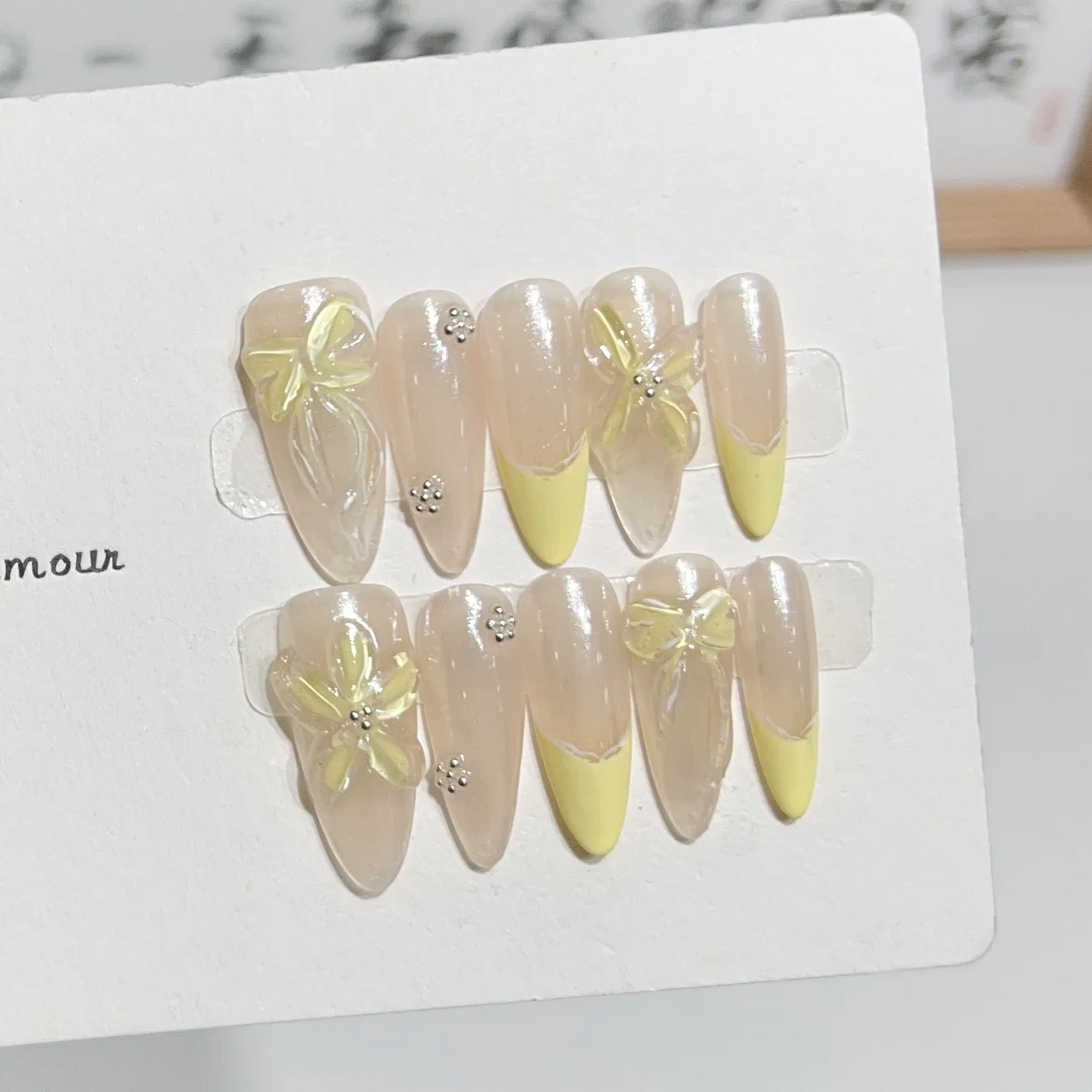 Acrylic Nails Wholesale Pure Handmade Nude Blooming 3D Yellow Ice Flowers Steel Ball Exquisite Custom Press On Nails