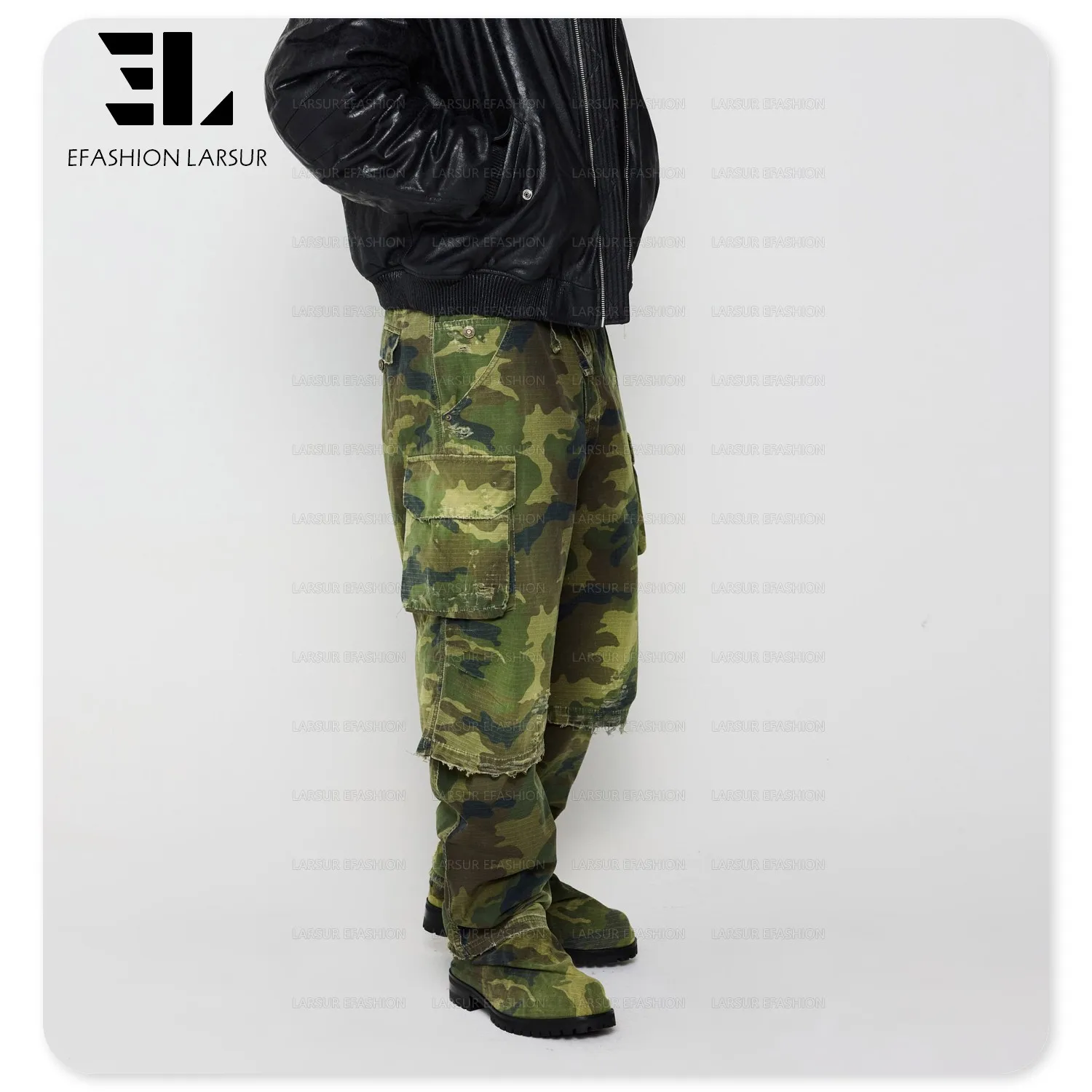 LARSUR Custom factory ripstop sun faded cotton twill camouflage skate shorts pants distress camo rip stop cargo denim shorts