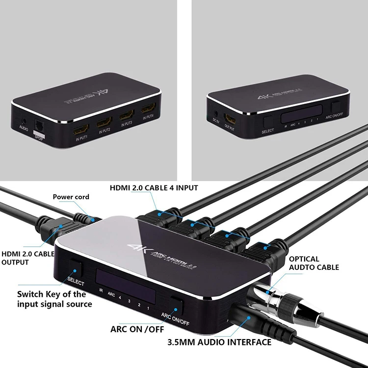 HDMI переключатель, 4K @ 60HzHDMI переключатель с оптическим TOSLINK SPDIF, 3,5 мм аудио поддержка функции ARC, 3D, 1080P @ 120 Гц, 4K @ 60 Гц HDTV