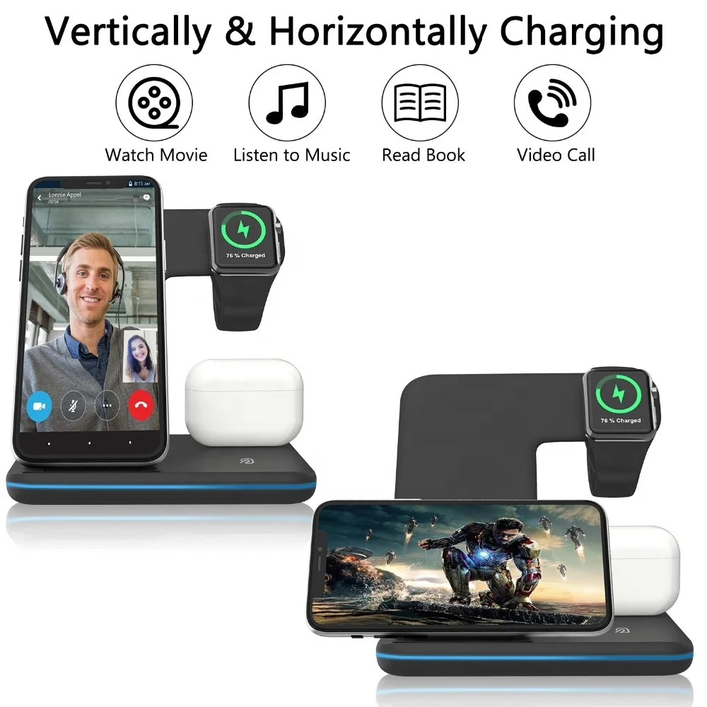 Wireless Fast Charger Qi Portable 3 in 1 Charging Station Cellphone For iPhone Earbuds Air Pod