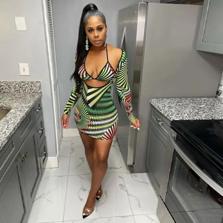 Long Sleeve Nightclub Geometry Print Hot Spring Dresses For Women Sexy Outfits Two Pieces Dress -PT