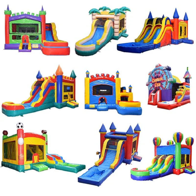 Top sales pvc commercial outdoor large kids inflatable dry wet slides bouncer castle complex games for sales