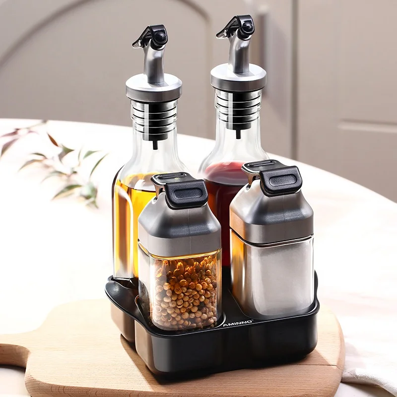 Creative Solid-Liquid Glass Kitchen Seasoning Box Oil Vinegar Seasoning Bottle 4 PCS Kitchen Seasoning Bottle Set
