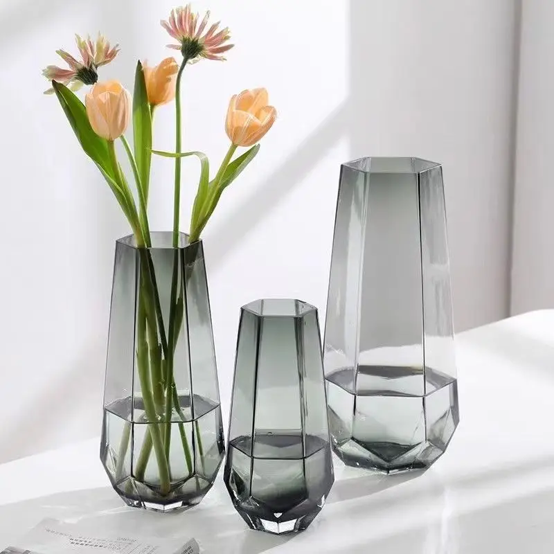 Unique Design Dark Gray Home Decor Hexagonal Prism Glass Flower Vase Cheap Clear Glass Crystal Vases Home Wedding Decoration