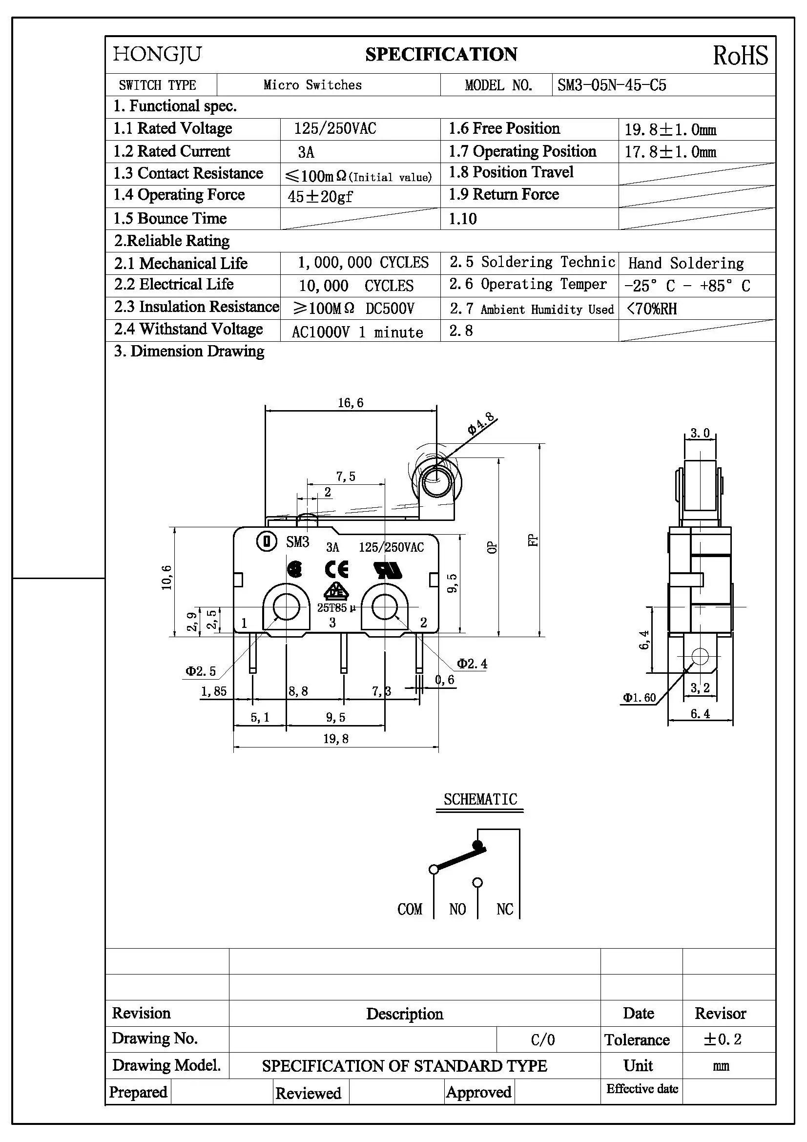 SM3-05N 3A 125VAC/250VAC Micro Switch with Hinge Lever