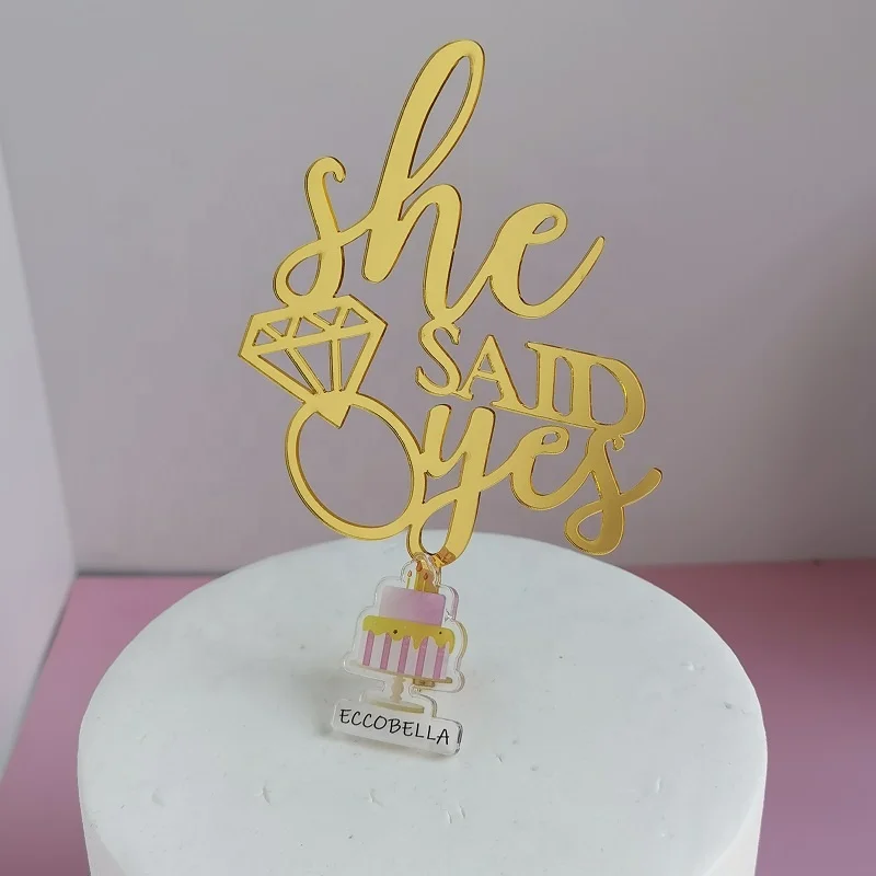 She said yes mirror gold acrylic cake topper for engagement cake decoration party supplies