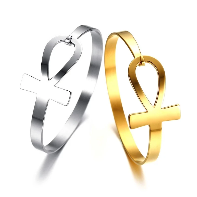 Ankh Cross Bracelet for Women Stainless Steel Key of Life Bangle Bracelet Female Egypt Religious Jewelry