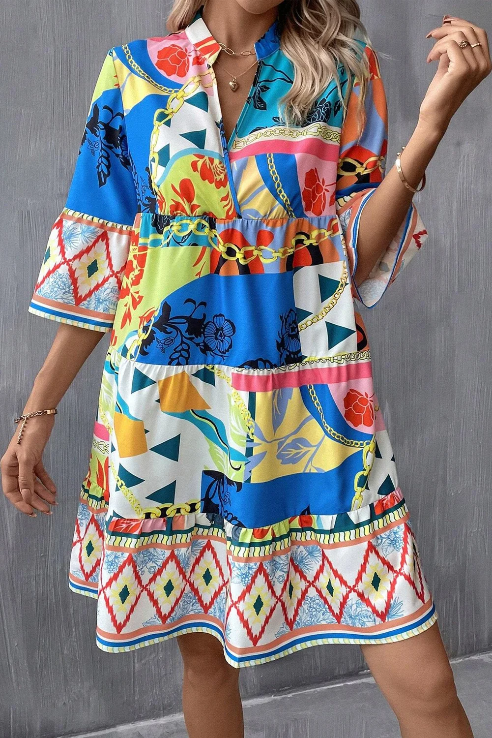 2024 Wholesale Chic Clothes Customized Summer Multicolour Boho Abstract Print Flowy Tiered Dress