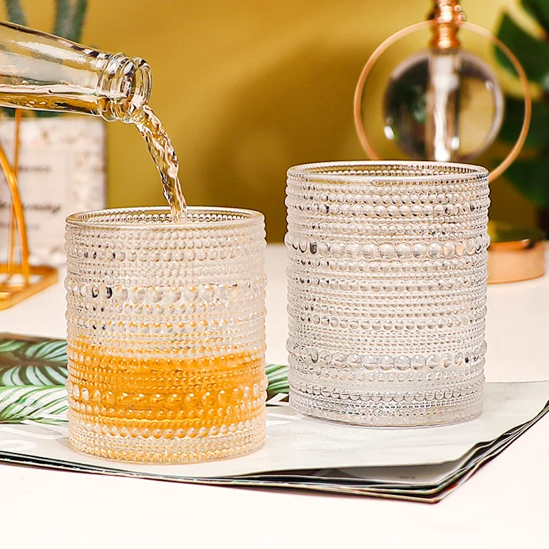 Wholesale  Romantic Green Drinking Glasses Retro Wine Water Whiskey Glasses Cup Embossed Blue Drink Glass Goblet boho glassware