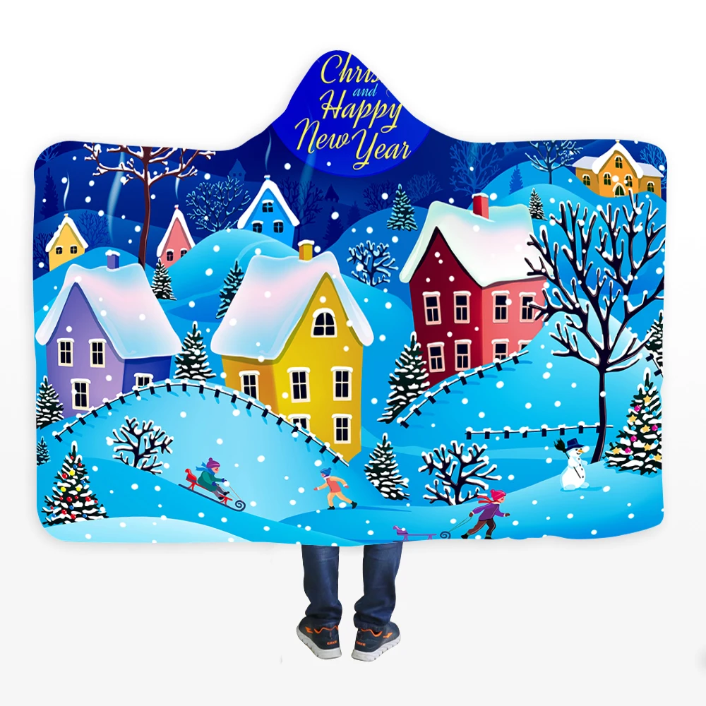 
1Pc Merry Christmas Hooded Blanket Super Warm Wearable Plush Throw Blanket Red Snowman Gift Printed Cloak Hoodie Blankets 