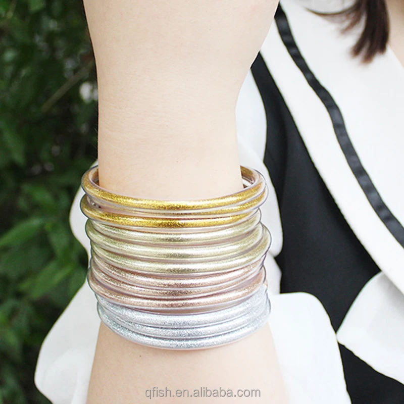 5 Pieces Sets Silicone Plastic Bling Stackable Multilayer Wristband Bangle Glitter Filled Jelly Bangle Bracelets