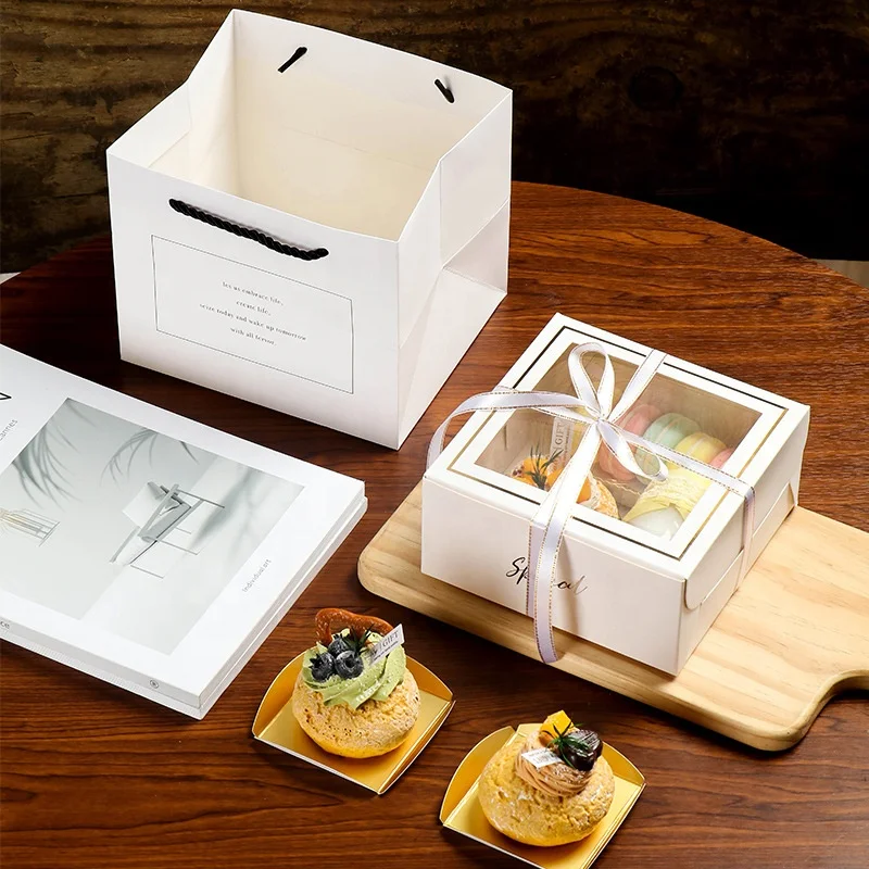Recycled ivory board gift box with clear window folding portable cake box with ribbon paper gift box for muffin macaron