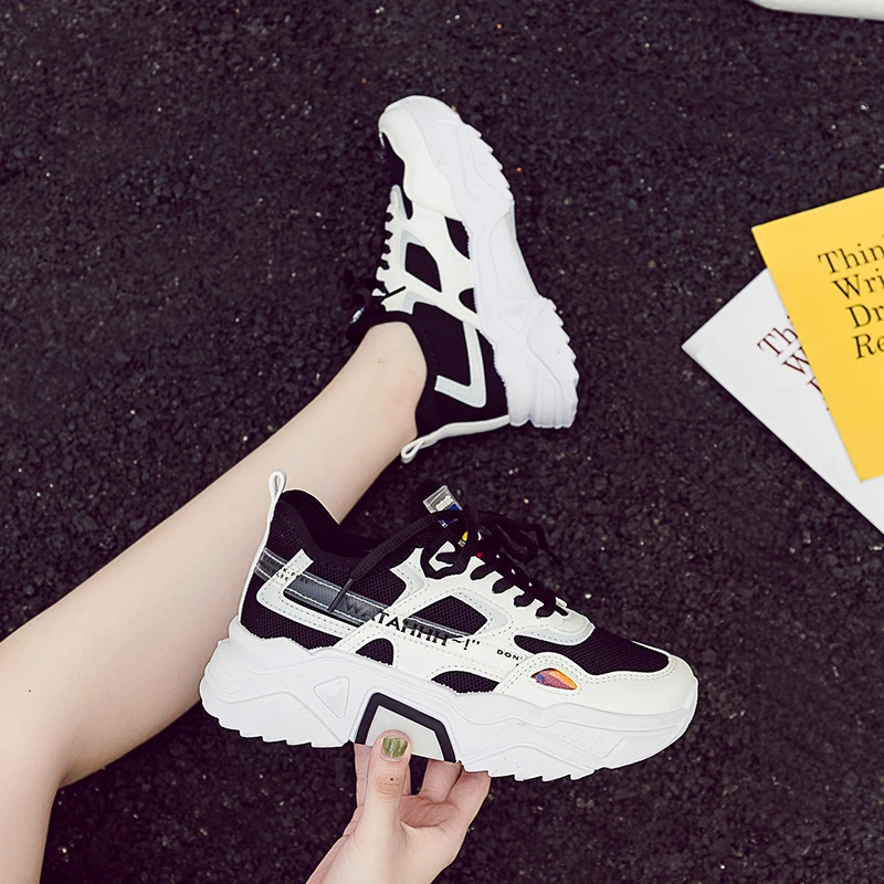 
2019 stylish thick-soled comfortable lace up breathable women white casual sneakers shoes for girl footwear 