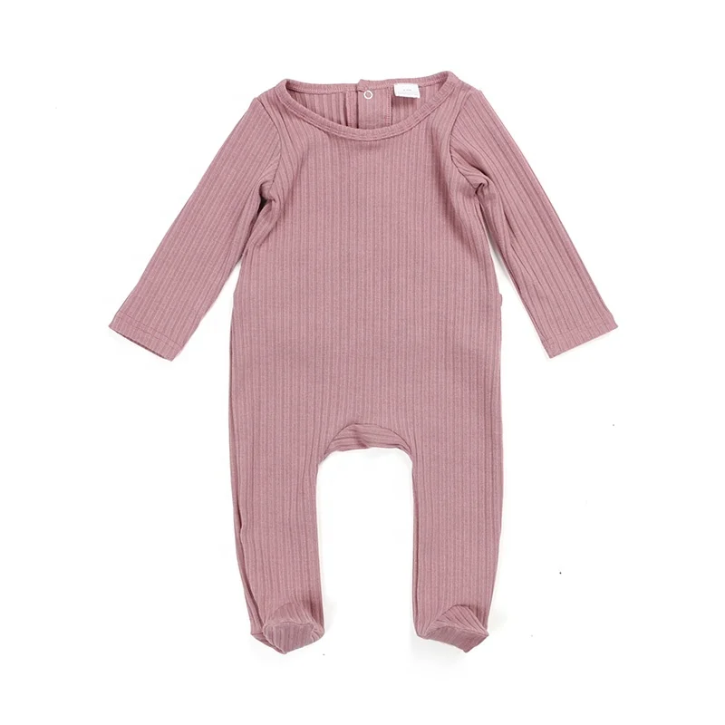 Newborn baby clothes long sleeves snap button opening back easy to change diaper knit cotton ribbed footie baby romper