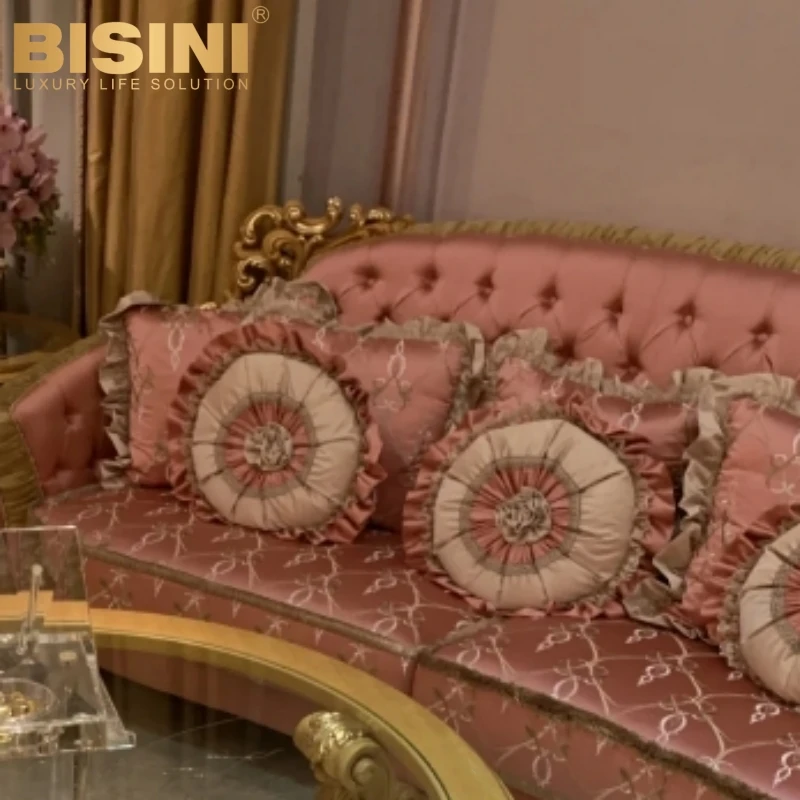Graceful French Baroque Style Royal Palace Home Wooden Carved Pink Sofa Sitting Room Rosy Three Seater Sofa Set