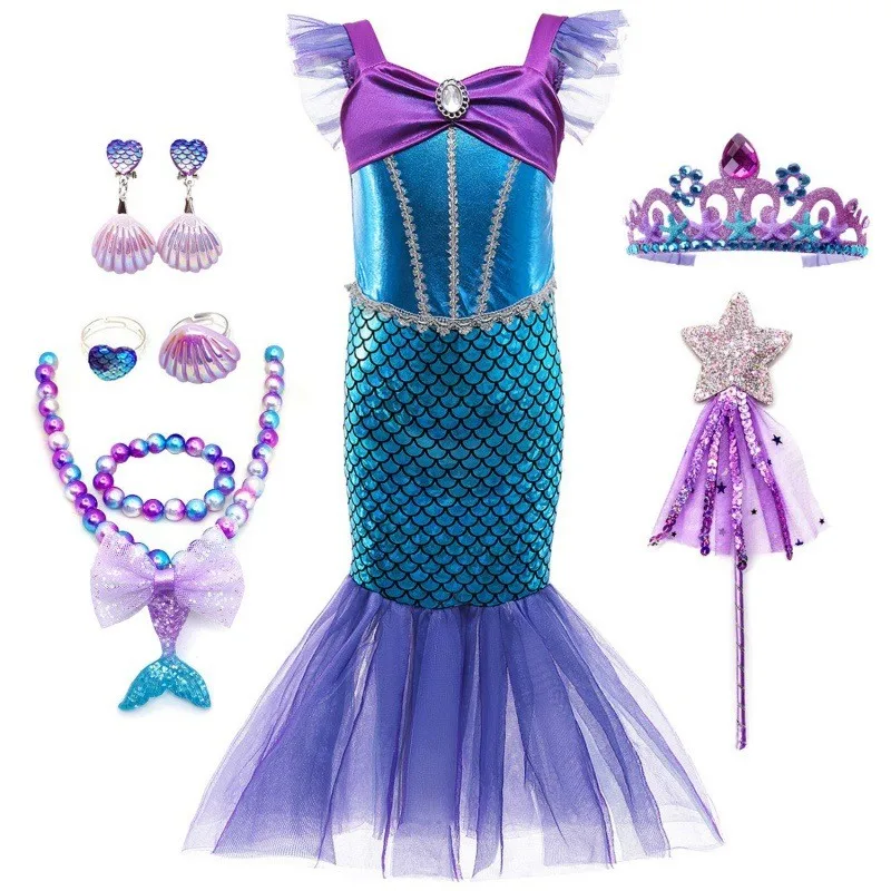 Little Girls Mermaid Princess Costume Dress for Girls Dress Up Party with Crown Mace