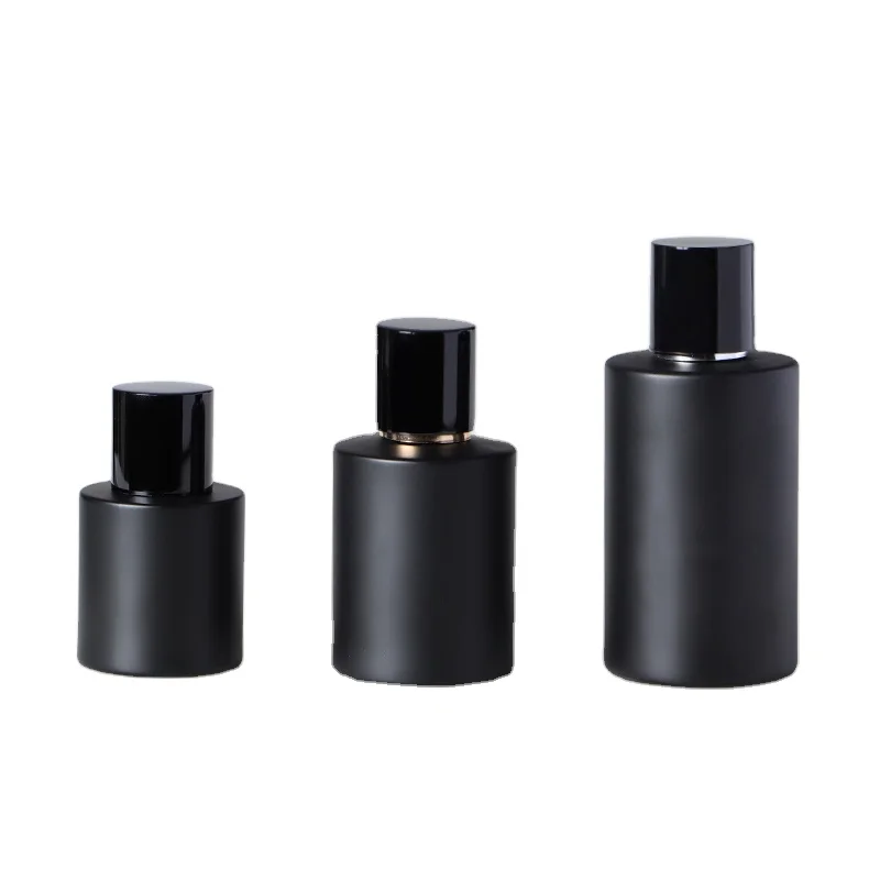 30ml 50ml 100ml matte black cylinder shape round spray perfume glass empty bottle with black cap
