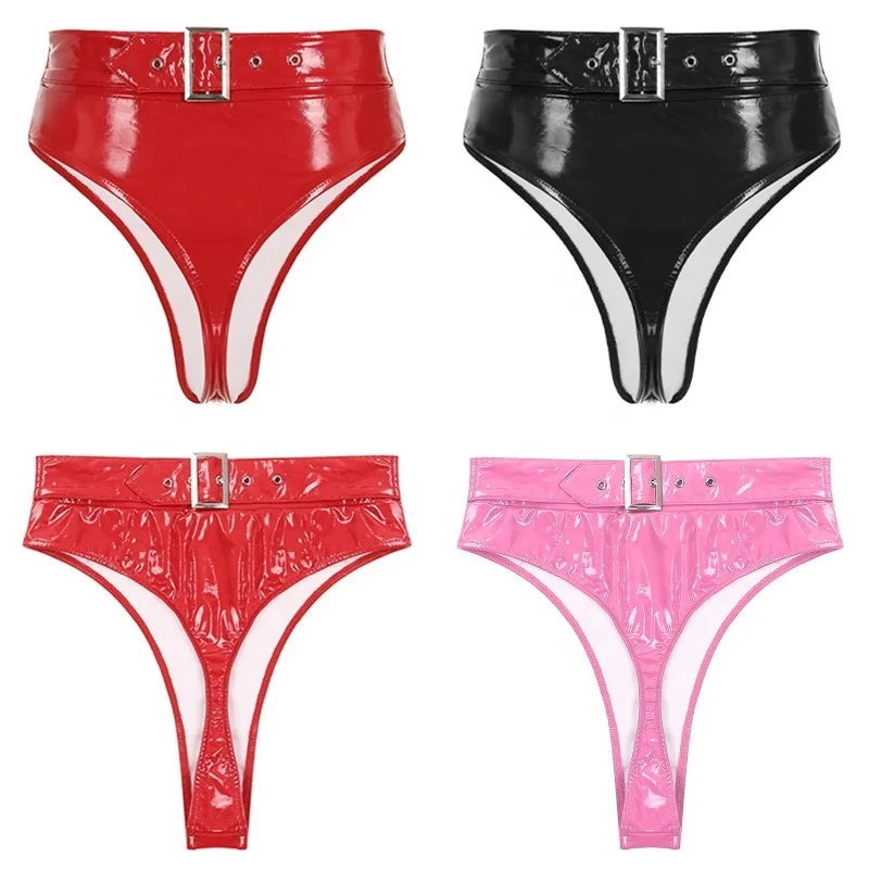 Womens Back Adjustable Buckle Belted Panties Clubwear Pole Dancing High Waist Thong Wet Look Patent Leather Briefs