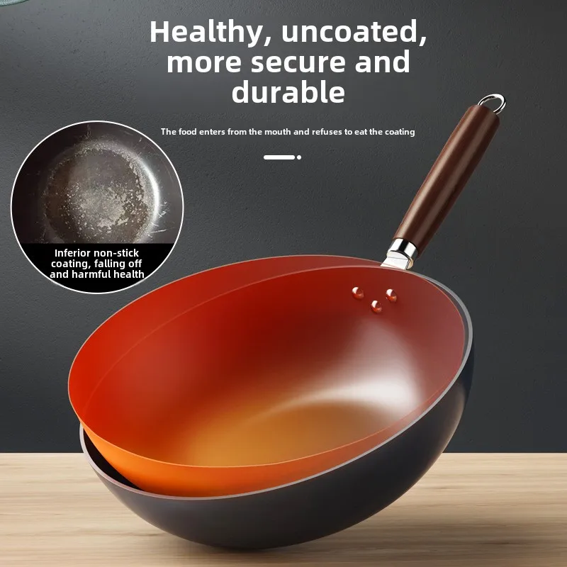 Traditional Cast Iron Wok Old Fashioned Household Pan with Non-Stick Surface and Chinese Style Lid for Gas Induction Cookers