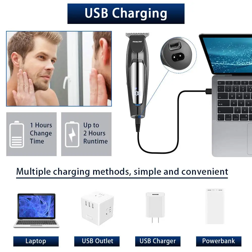 NK1879 Professional Cordless Hair Trimmer Kit for Men Rechargeable USB-Powered Beard Shaver Stainless Steel for Outdoor Use