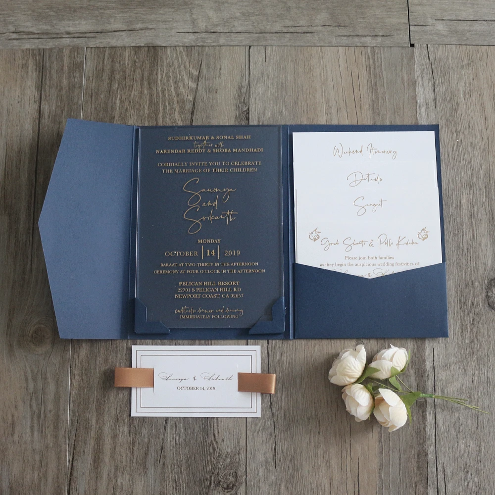 Navy Blue Pocket Folder Wedding Invitation Pocketfolder Envelope Inside with Acrylic Wedding Card And Small Cards